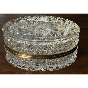 Vintage French Baccarat Style Crystal Glass & Brass Oval Casket Jewelry Box